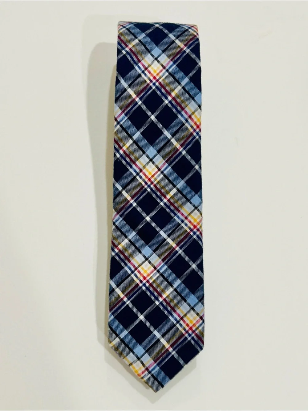 Penguin by Munsingwear Navy Blue Plaid Tie with White, Yellow, and Red Lines